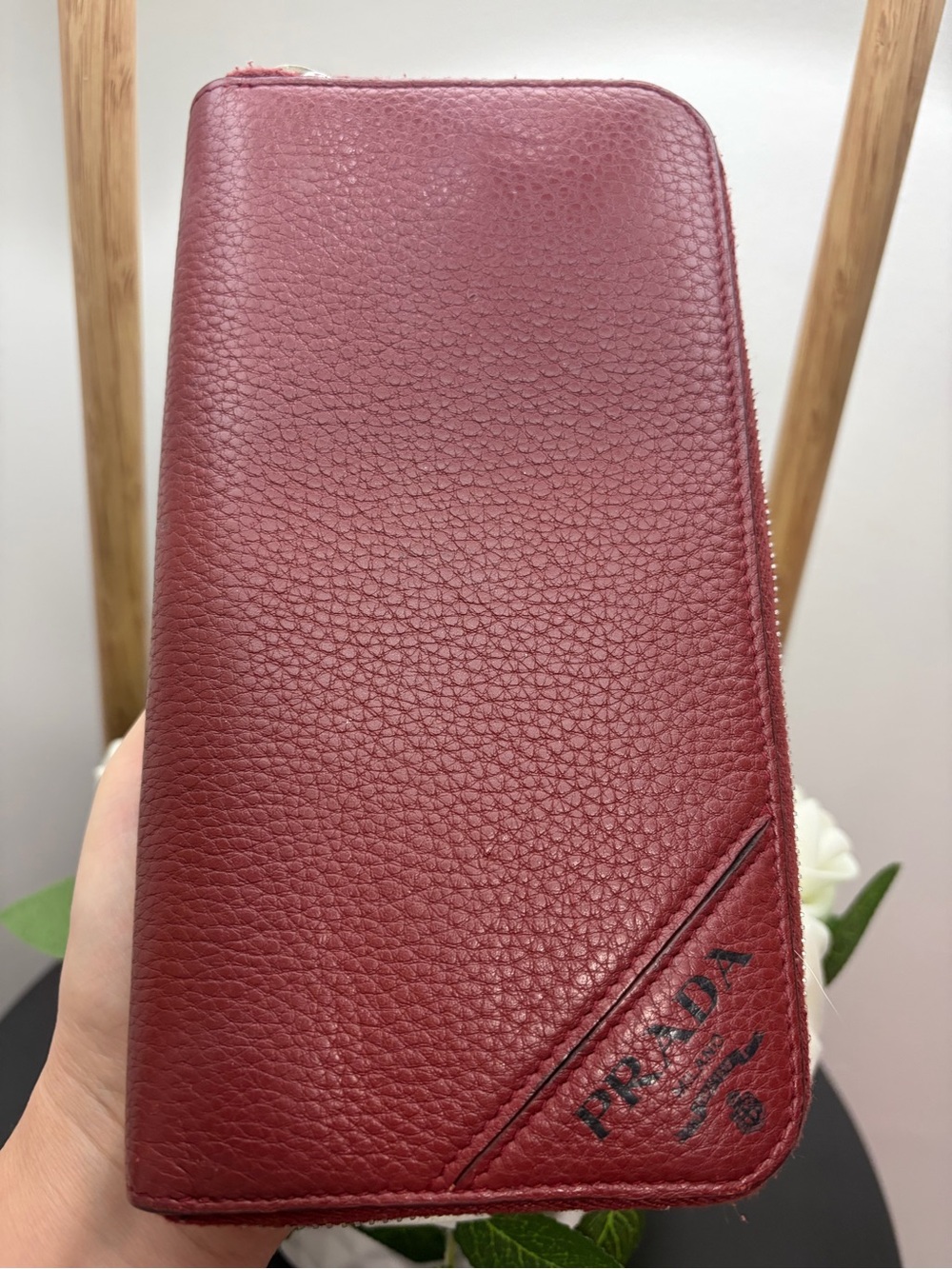Prada Burgundy Pebbled Leather Zip Wallet